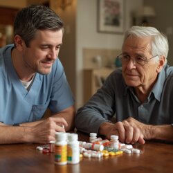 caregiver uomo di 40 anni che guarda vari pacchetti di medicinali insieme ad un uomo anziano sedendo al tavolo di casa caregiver uomo di 40 anni che guarda vari pacchetti di medicinali insieme ad un uomo anziano sedendo al tavolo di casa
